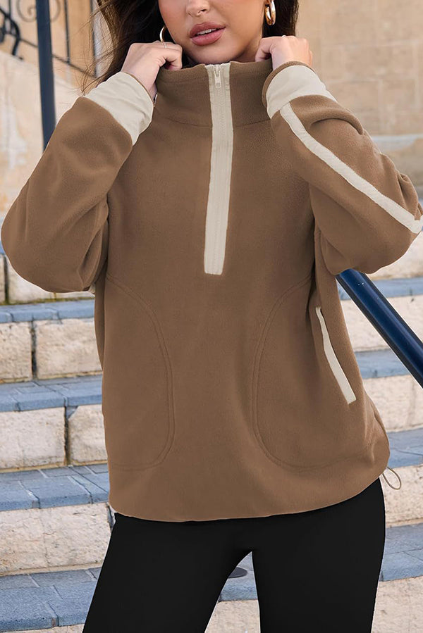 Stylish Color-blocked Trim Loose Casual Pocket Sweatshirt-consonak