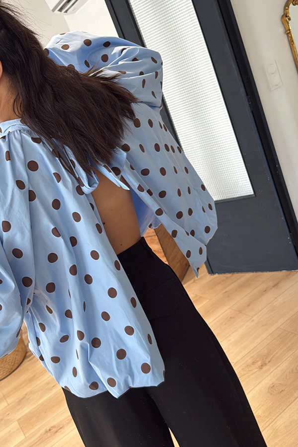 Issie Polka Dot Print Turtleneck Knotted Balloon Sleeve Back Slit Loose Blouse