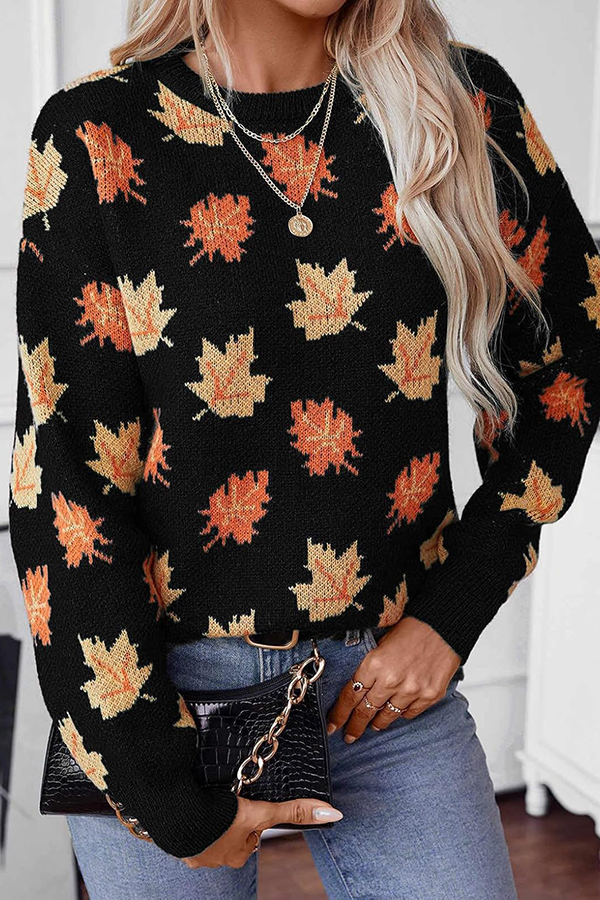 Maple Leaf Pattern Casual Loose Knitted Sweater-consonak