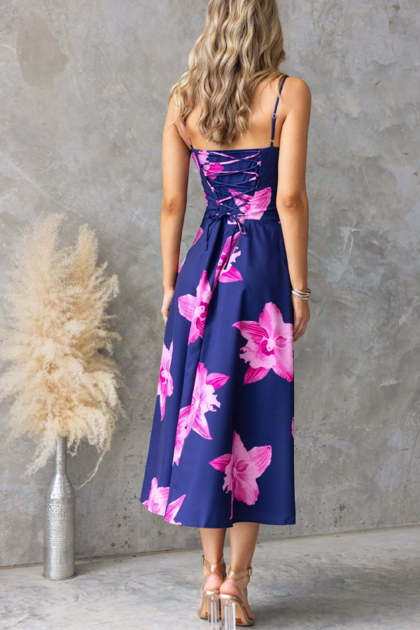 Floral Print Spaghetti Strap Backless Tie-up Elegant Slim-fit Midi Dress-consonak