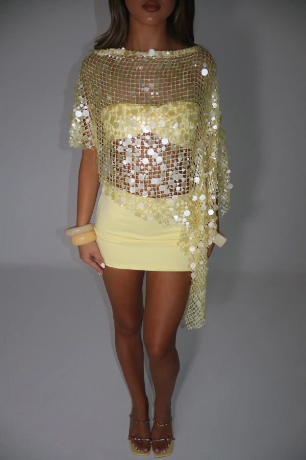 Fashionable Openwork Sequined Asymmetrical Loose-fitting Resort Cover-up | Consonak
