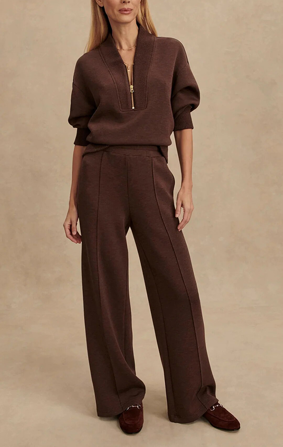 Meet The Autumn Ribbed Zipper Neck Sweatshirt and Elastic Waist Pocketed Loose Pants Set-consonak