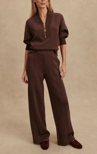 Meet The Autumn Ribbed Zipper Neck Sweatshirt and Elastic Waist Pocketed Loose Pants Set-consonak