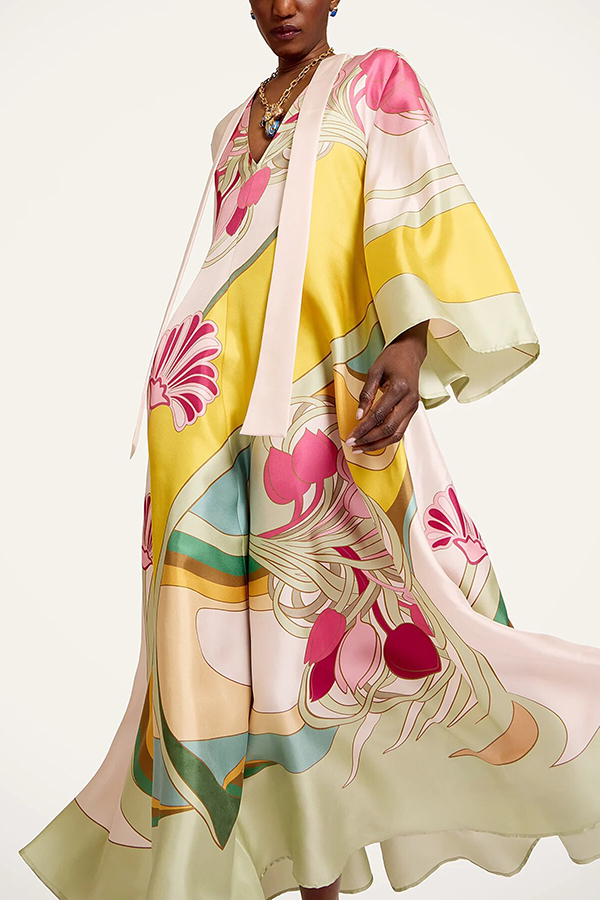 Darla Satin Colorful Baroque Style Printed Tie-up Neck Bell Sleeve Maxi Dress-Consonak