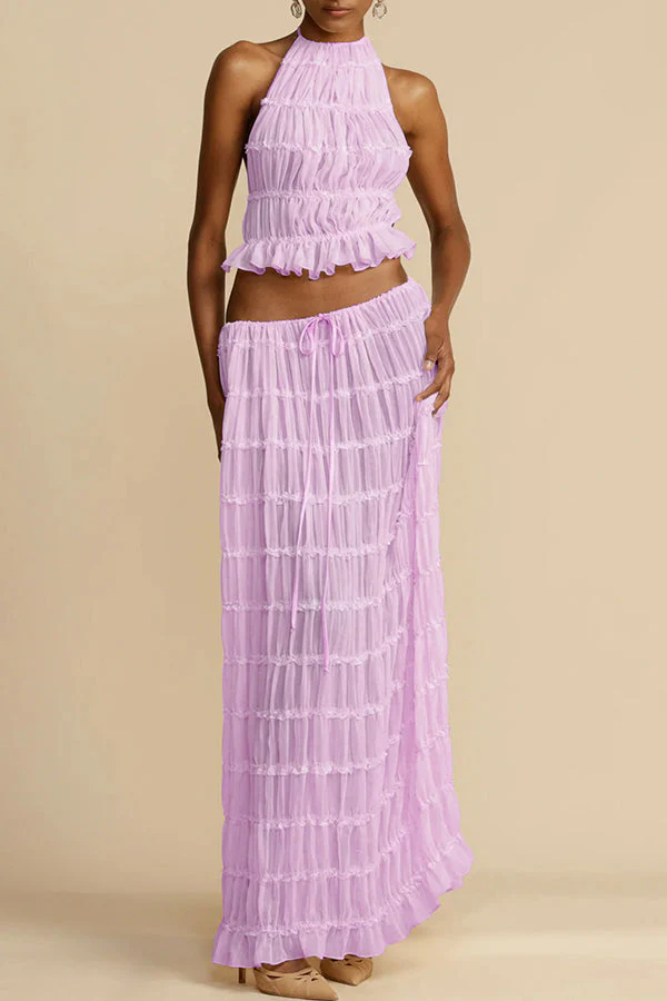 Versatile retro charm pleated drawstring waistline long skirt set | Consonak