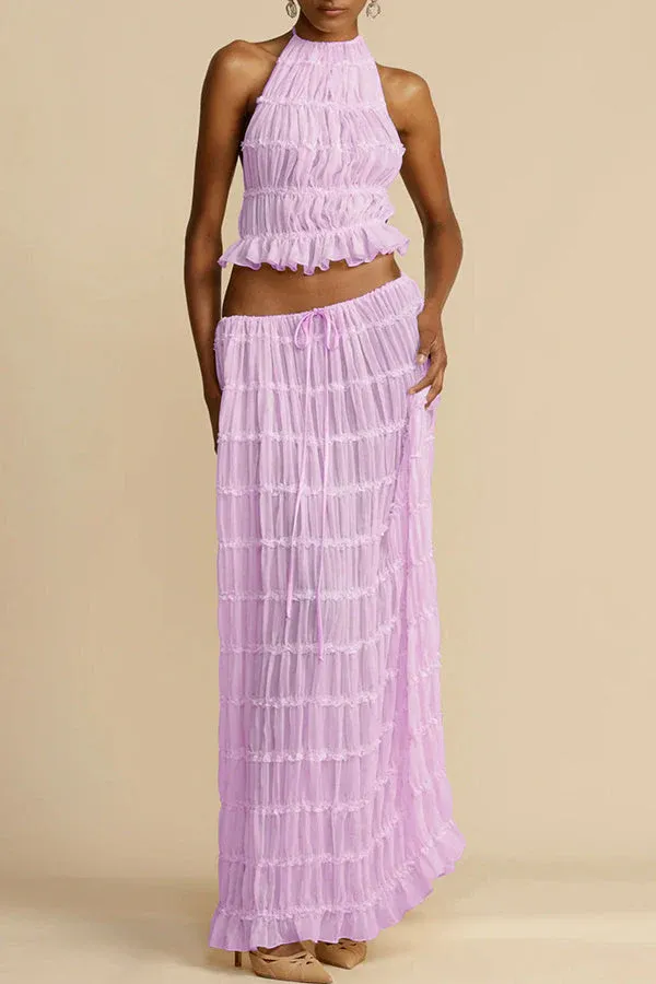 Versatility and Vintage Charm Pleated Drawstring Waist Tiered Maxi Skirt-consonak