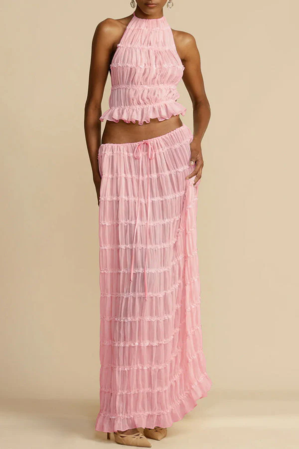 Versatile retro charm pleated drawstring waistline long skirt set | Consonak