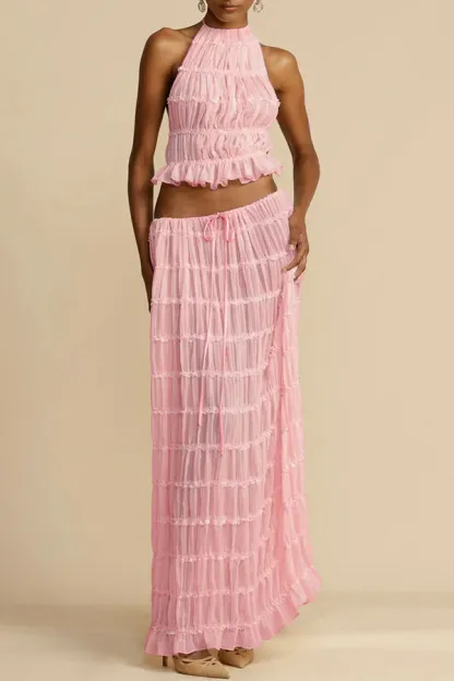 Versatility and Vintage Charm Pleated Drawstring Waist Tiered Maxi Skirt-consonak