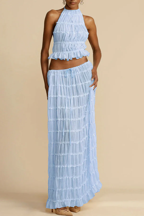 Versatile retro charm pleated drawstring waistline long skirt set | Consonak