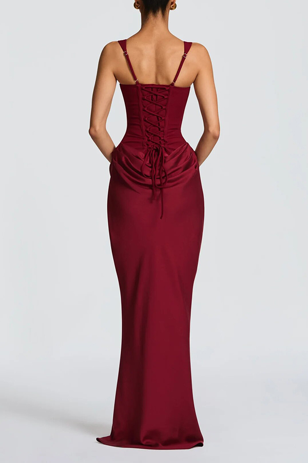 Larrah Square Neck Back Lace-up Satin Drape Hem Maxi Dress | Consonak