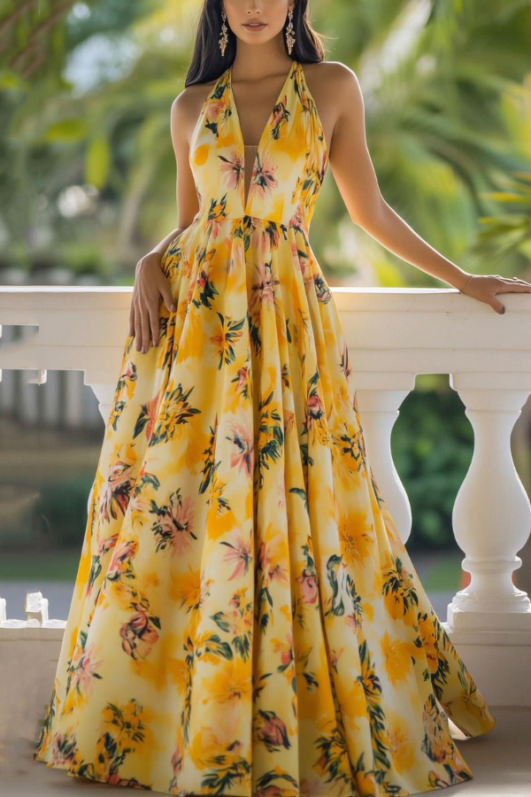 Floral Print V-neck Backless Fitted Waist Elegant Maxi Dress