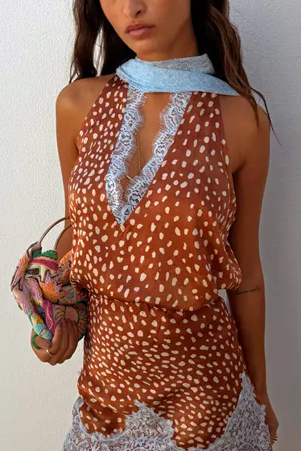 Stunning Fawn Print Contrast Color Satin Lace Trim Neck Strap Loose Tank-consonak