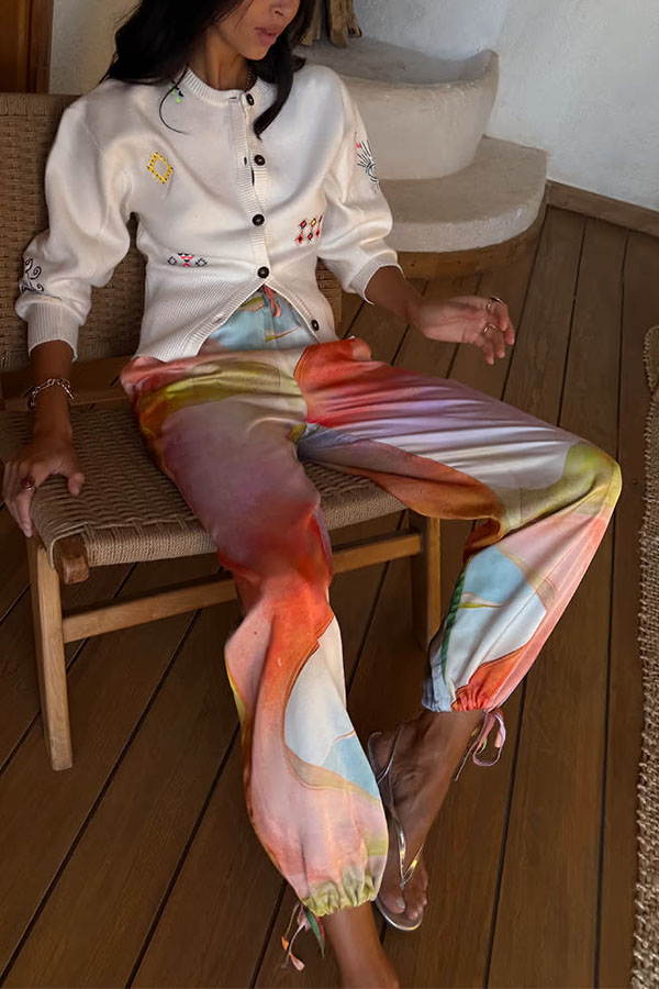 Vacation View Colorful Abstract Print Elastic Waist Pocket Loose Lantern Pants-consonak