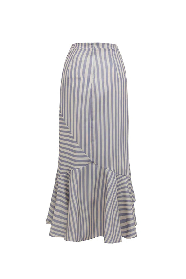 Tierra Striped V-neck Batwing Sleeve Loose Shirt and High Waist Irregular Fishtail Hem Midi Skirt Set-consonak