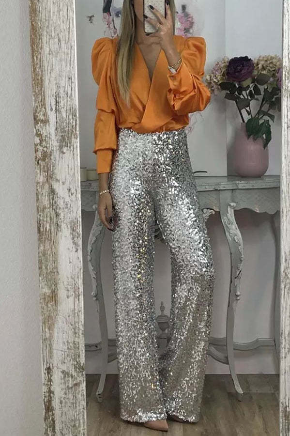 Perfectly Adored Satin Crossover Neckline Puff Sleeve Blouse-consonak