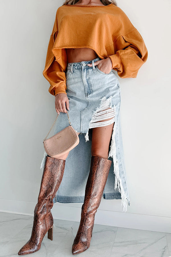 Darla Cutting Ties Heavily Distressed Denim Maxi Skirt-consonak