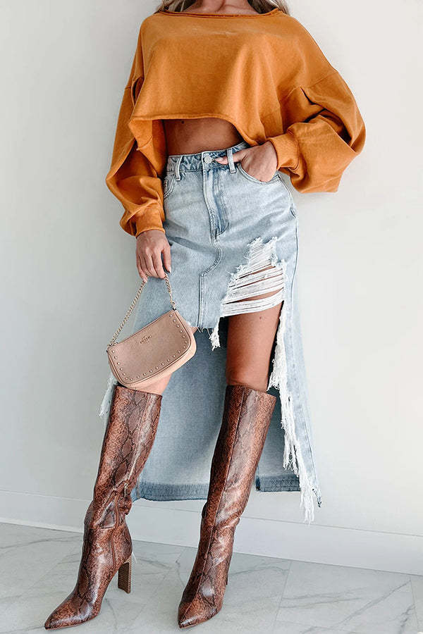 Darla Cutting Ties Heavily Distressed Denim Maxi Skirt-consonak