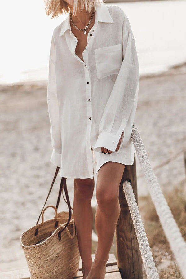 Go To The Beach Linen Blend Pocketed Long Sleeve Oversized Shirt | Consonak