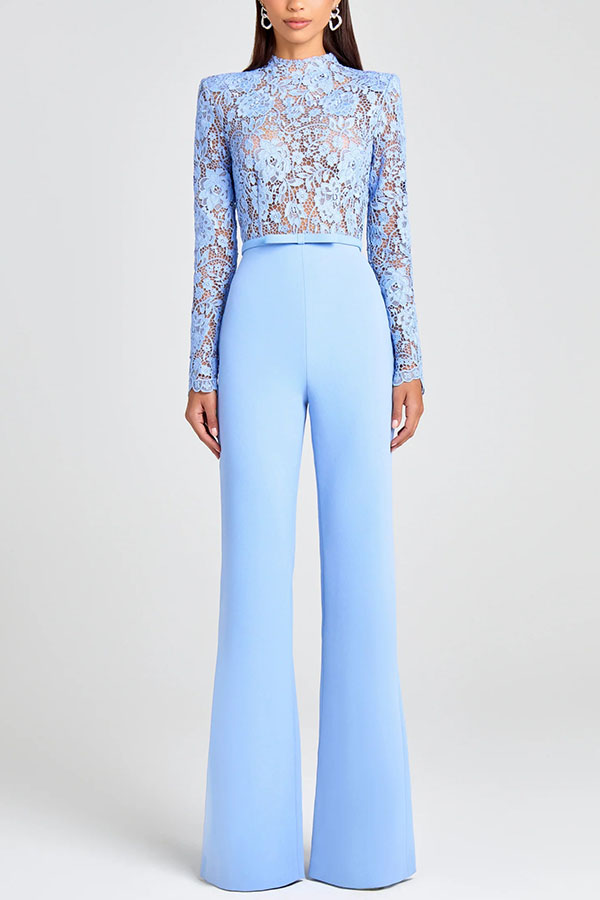 Party Charmer Flower Lace Patchwork Long Sleeve Bow Belted Flare Jumpsuit-consonak