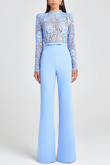 Party Charmer Flower Lace Patchwork Long Sleeve Bow Belted Flare Jumpsuit-consonak