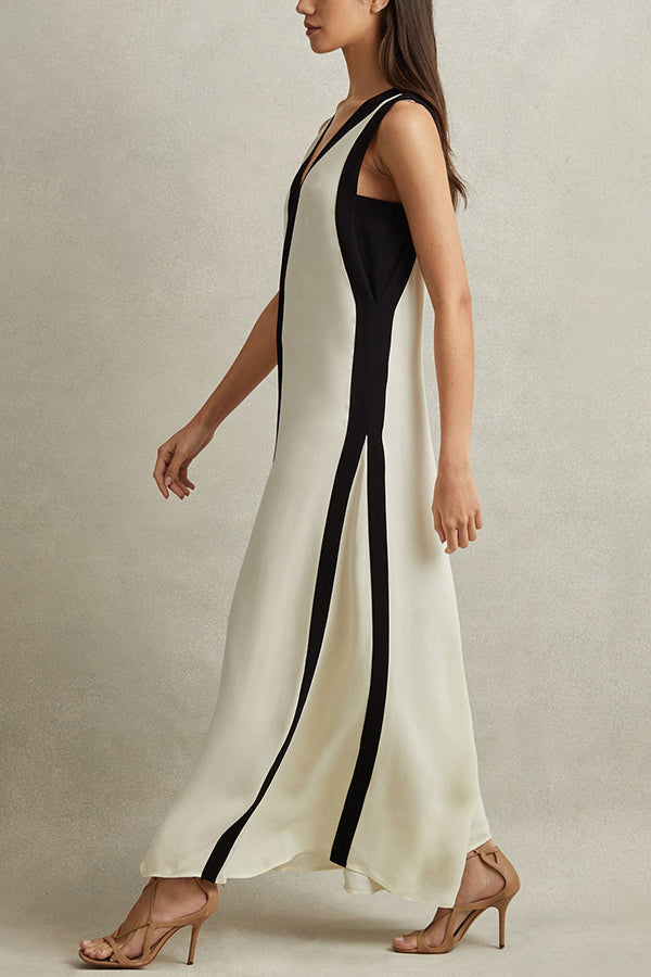 Elegant Piano Keys Reversible Style Colorblock A-line Maxi Dress-consonak