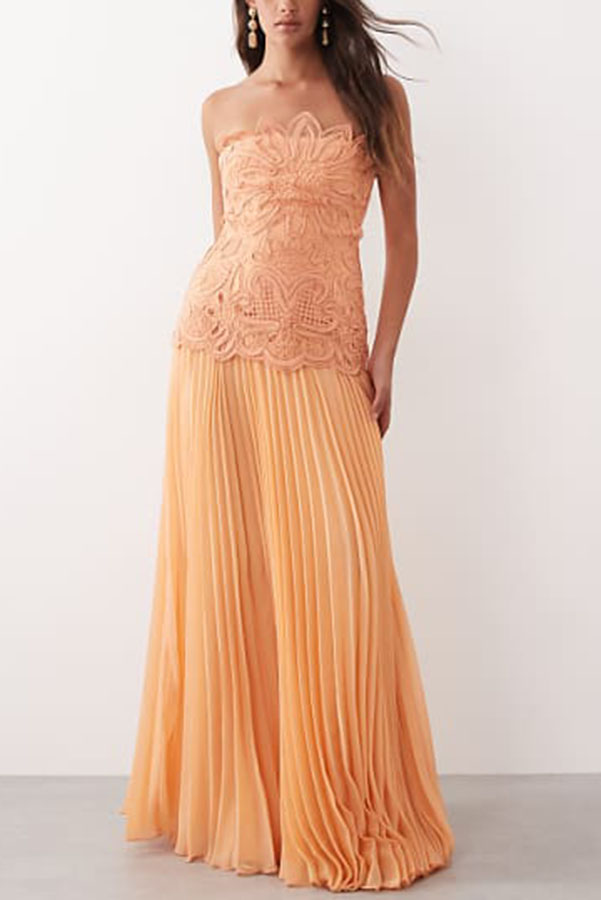 Sun Drifter Abstract Embroidery Cutwork Pleated Chiffon Hem Bandeau Maxi Dress