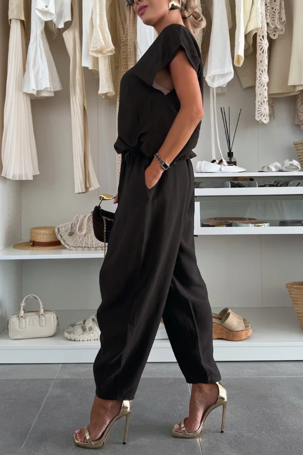 Linen Blend Solid Color V-neck Short-sleeved Top and Elastic Waist Pocket Bloomers Pants Set