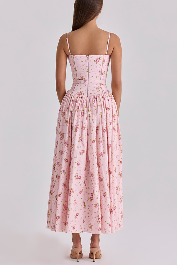 Romantic Countryside Stretch Cotton Blend Floral Print Cutout Trim Slip Midi Dress-consonak