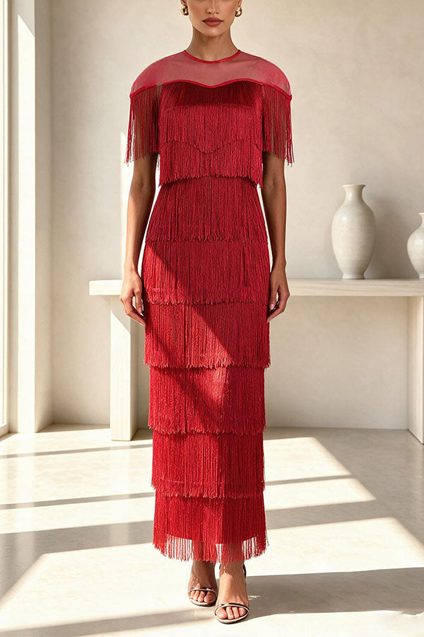 Elowyn Mesh Tiered Tassel Patchwork Round Neck Cape Sleeve Midi Dress-Consonak