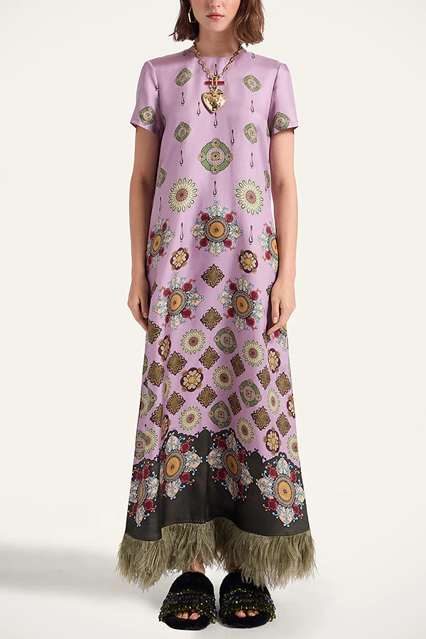 Lucia Satin Baroque Court Style Printed Short Sleeve Pocket Feather Trim Maxi Dress | Consonak