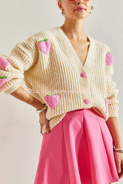 Stylish and Sweet V-neck Strawberry Embellished Knitted Cardigan-consonak