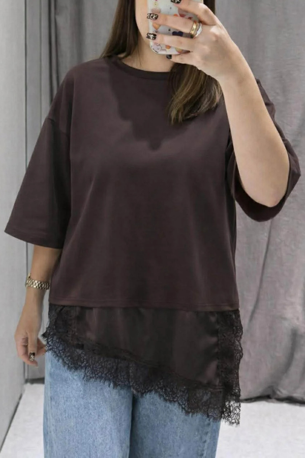 Stylish Round Neck Short-sleeved Patchwork Lace Hem Loose T-shirt-consonak