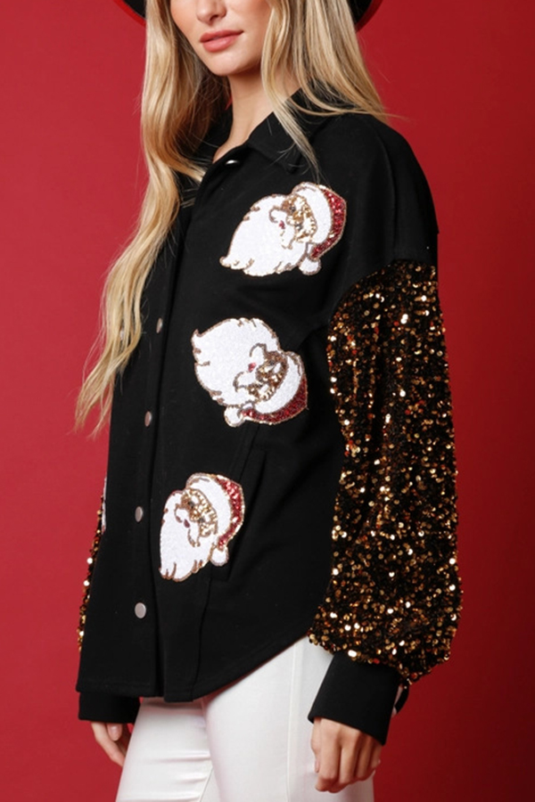 Santa Claus Sequined Long Sleeve Button-Down Shirt-consonak