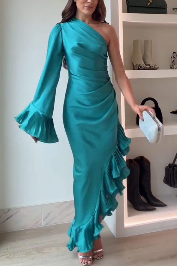 Elegant Satin One Shoulder Sleeve Pleated Ruffles Trim Ruched Asymmetrical Maxi Dress-consonak