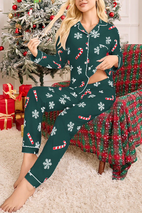 Snowflake Candy Print Casual Long-sleeved Shirt and Elastic Waist Pants Set-consonak
