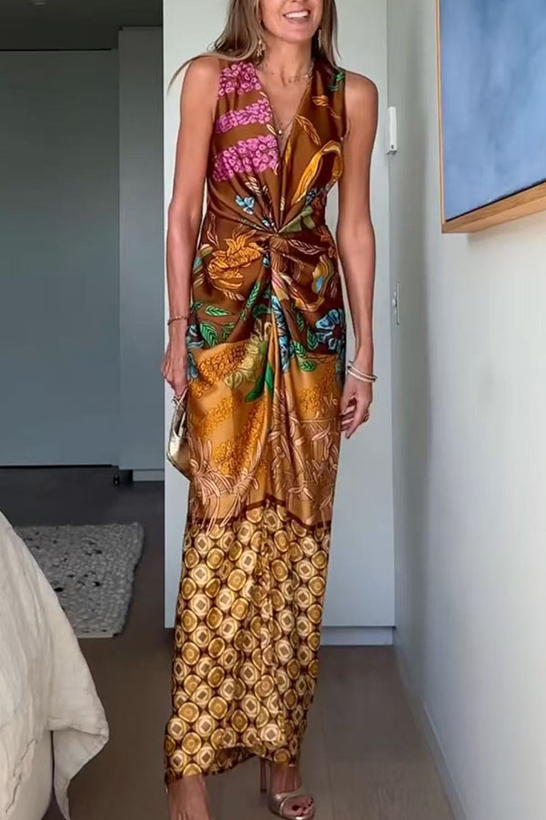 Naturally Inspired Satin Unique Floral Print Twist Waist Slit Drape Maxi Dress-consonak