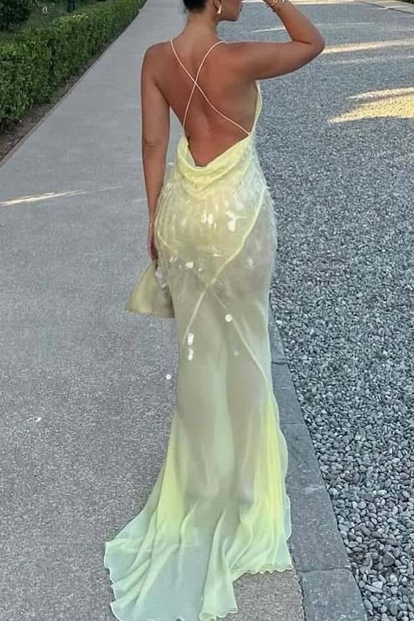 Perfect Night Sequin Embroidery Backless Drape Tulle Hem Slip Maxi Dress-consonak