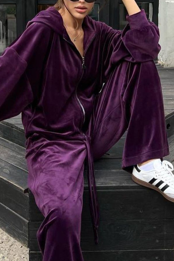 Velvet Casual Zip-up Hooded Top and Elastic Waist Wide Leg Pants Set-consonak