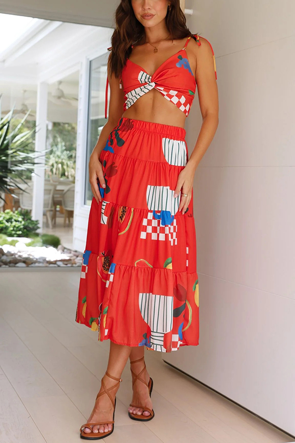 Unique Printed Sexy Camisole Elastic Waist Long Skirt Two Piece Set-consonak