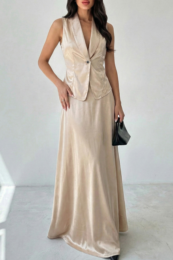 Satin Solid Color Sleeveless Button-down Vest and Elegant Draped Maxi Skirt Set-consonak