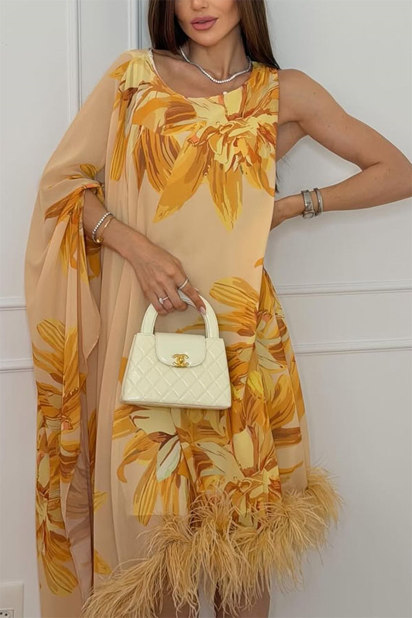 Nadia Chiffon Floral Print Asymmetrical Bell Sleeve Feather Trim Maxi Dress-consonak