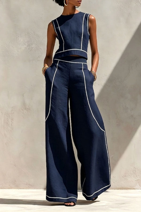Elysia Contrast-Stitch Linen Two-Piece Set-Consonak