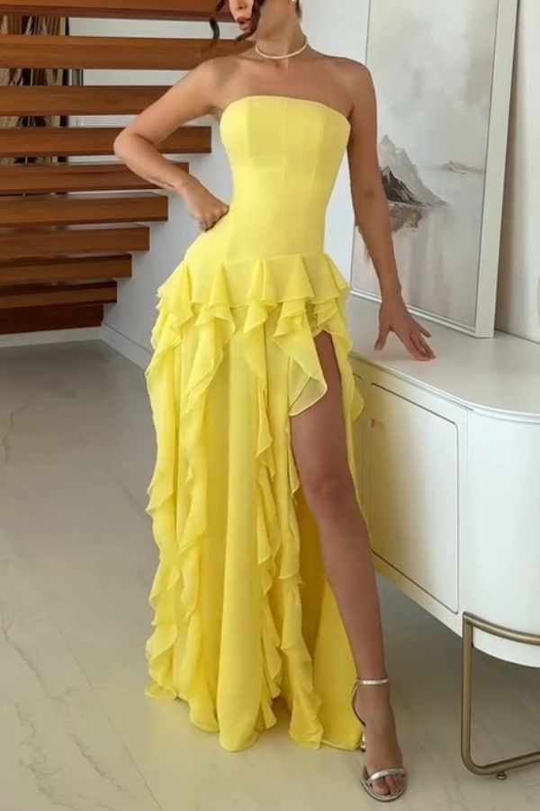 Elegant Sleeveless Off-shoulder Fitted Ruffled High Slit Maxi Dress | Consonak