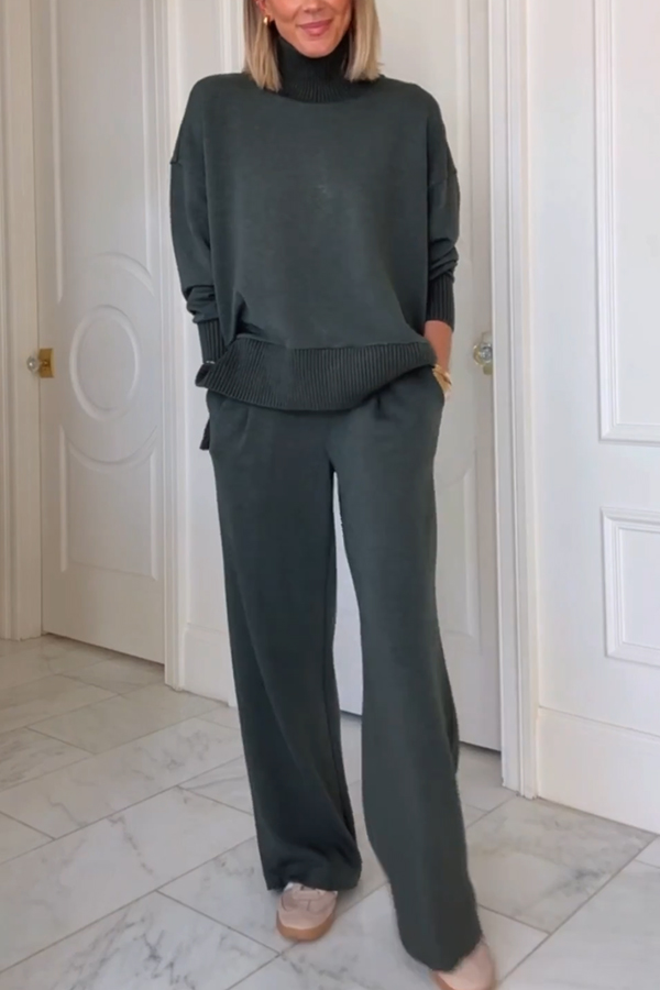 Barker High-Neck Long Sleeve Side Zipper Sweatshirt and Elastic Waist Pocketed Loose Pants Set-Consonak