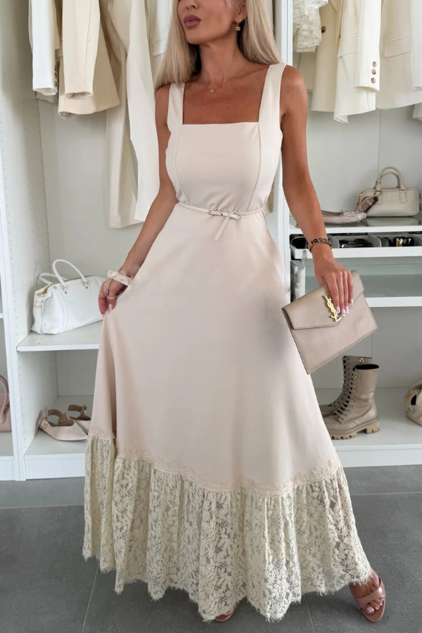 Solid Color Square Neck Sleeveless Fitted Waist Elegant Lace Hem Maxi Dress