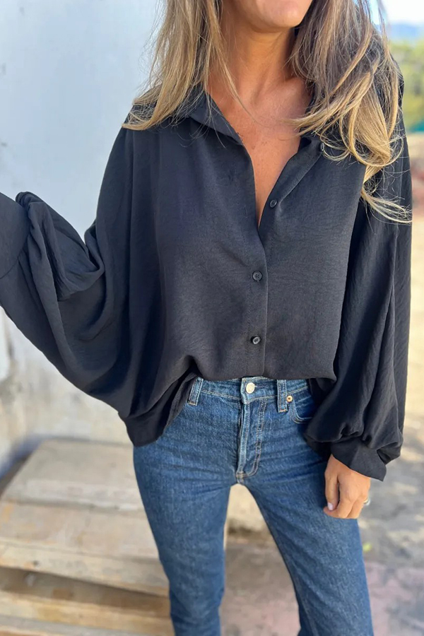 Solid Color Loose Batwing Sleeve Buttoned Casual Shirt-consonak