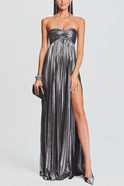 Metallic Sexy Tube Top Pleated High Slit Maxi Dress-consonak