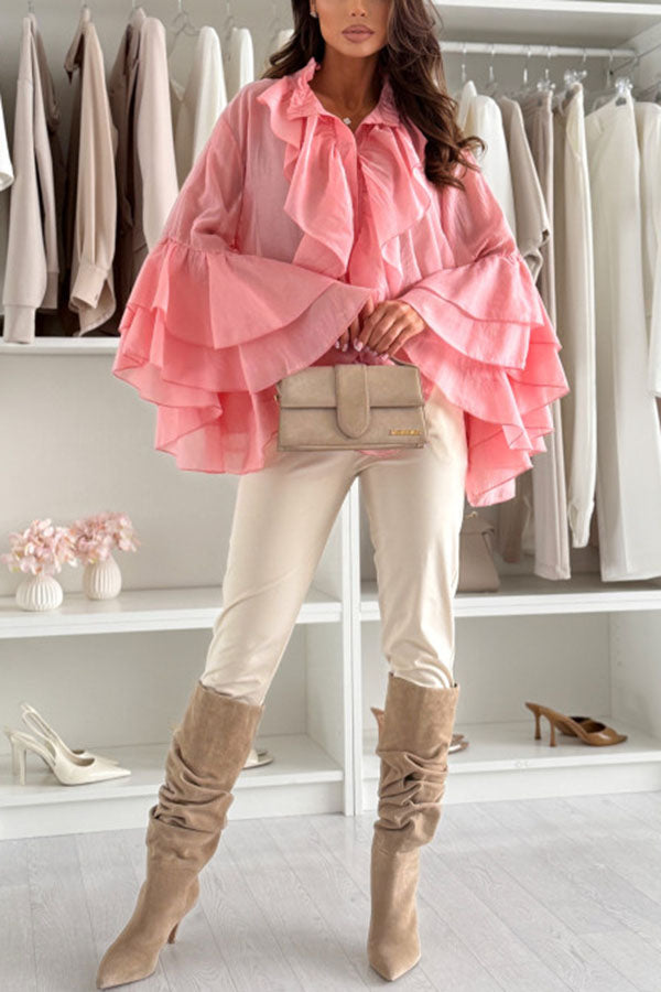 Breezy Touch Chiffon Layered Ruffles Long Bell Sleeve Button Up Loose Blouse-consonak