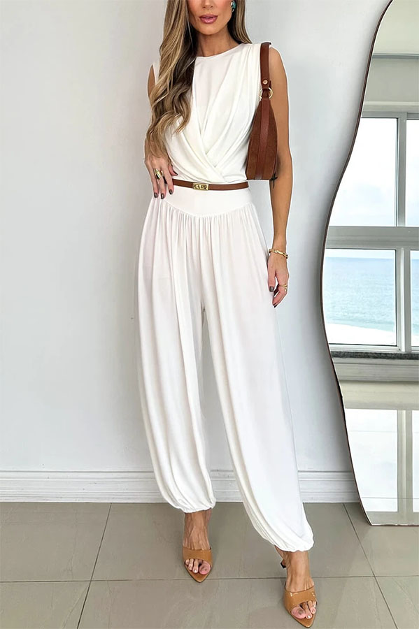 Athena Ruched Drape Neck Bodysuit and High Rise Elastic Waist Lantern Pants Set-consonak