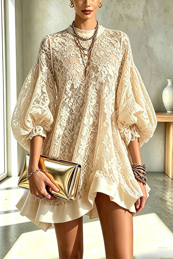 Norah Floral Lace Crew Neck Balloon Sleeve A-line Loose Mini Dress-Consonak